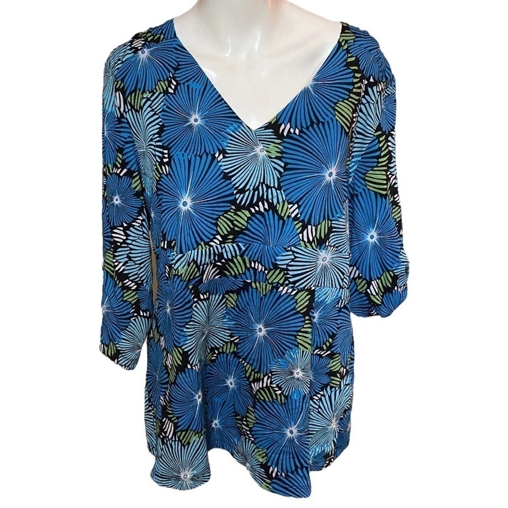 JM Collection Floral Blouse Blue Black Green Size XL